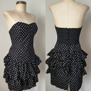 Vintage Dresses - 80s Vtg Strapless Ruffled Blac Polka Dot Dress xs Vintage Dresses - 80s Vtg Strapless Ruffled Blac Polka Dot Dress xs